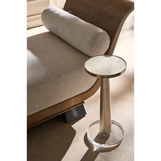 Beyond Drink Table by Caracole in gold, acrylic and winter frost, brushed gold. Made from poplar, glass in a unique style.