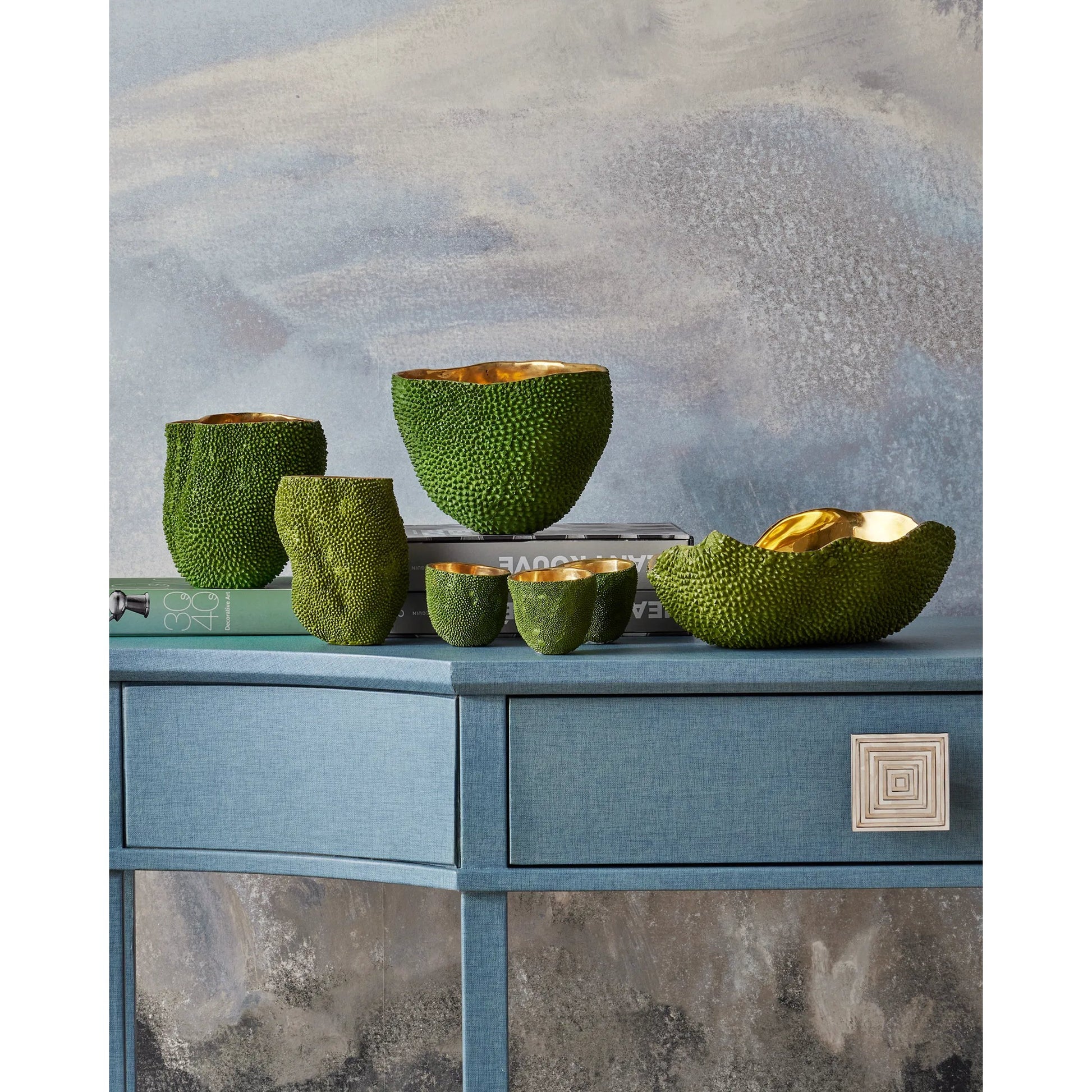 Jackfruit Vase by Currey and Company in green, gold. Made from bronze in a coastal style.