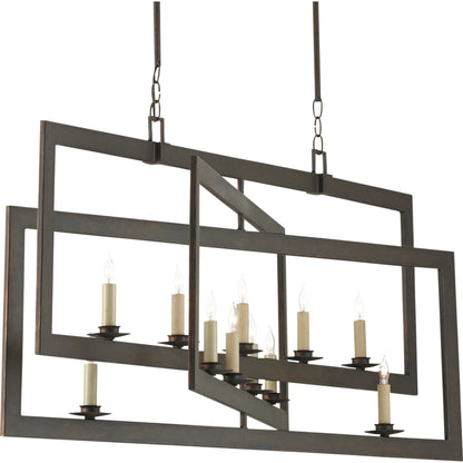 Middleton Rectangular Chandelier by Currey and Company. Made from wrought iron in a modern style.
