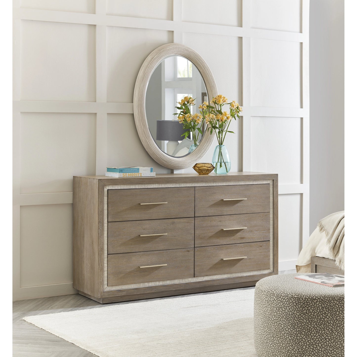 004 SI-1900865 | Lifestyle | Serenity Mainstay Six Drawer Dresser by Hooker Furniture in malibu, champagne. Made from oak veneers with cedar, felt, resin in a modern style.