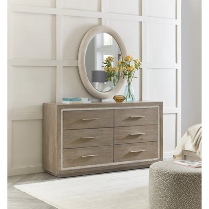 Serenity Mainstay Six Drawer Dresser by Hooker Furniture in malibu, champagne. Made from oak veneers with cedar, felt, resin in a modern style.