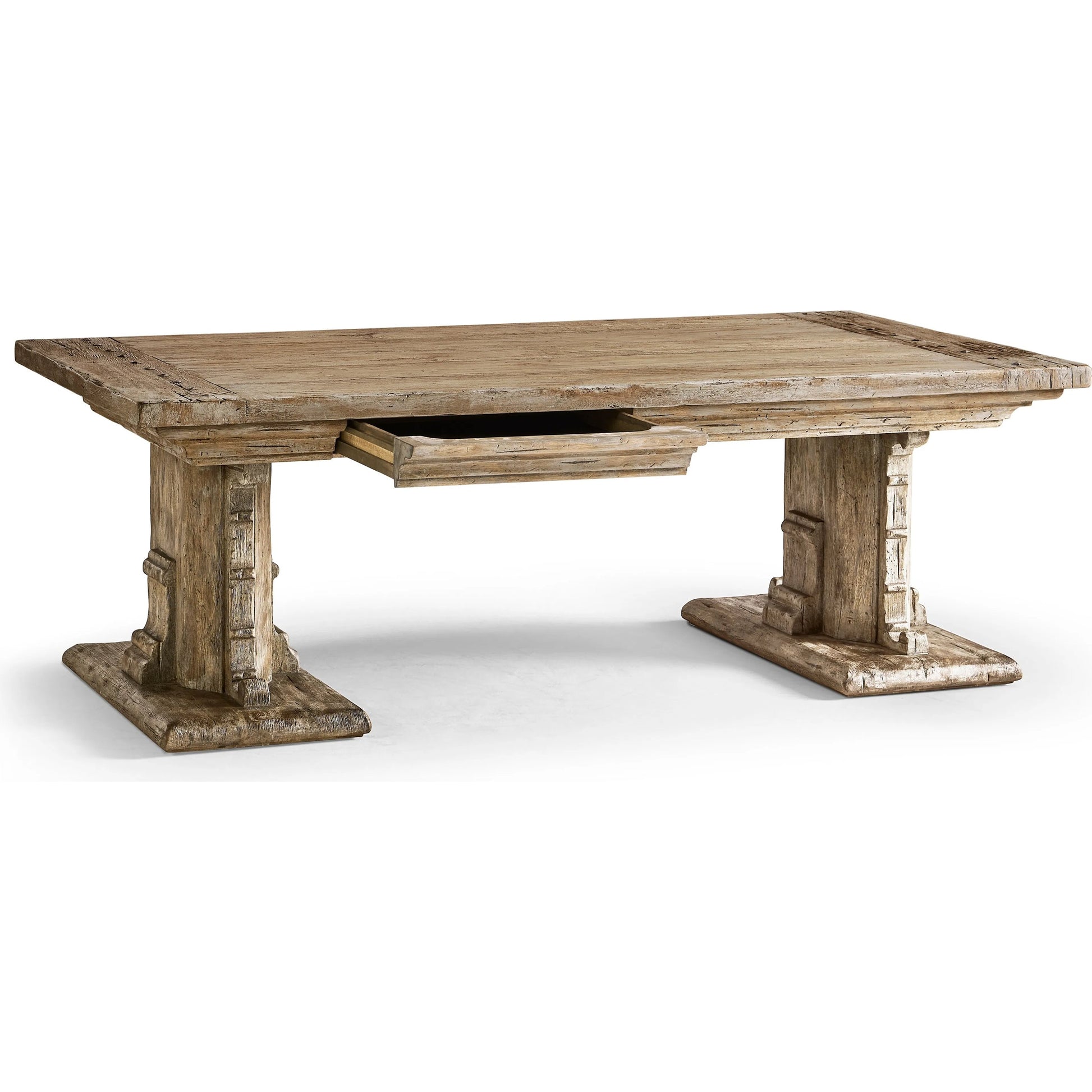 Caldera Pedestal-Base Cocktail Table by Jonathan Charles in light spain painted walnut. Made from main acacia veneer in a unique style.