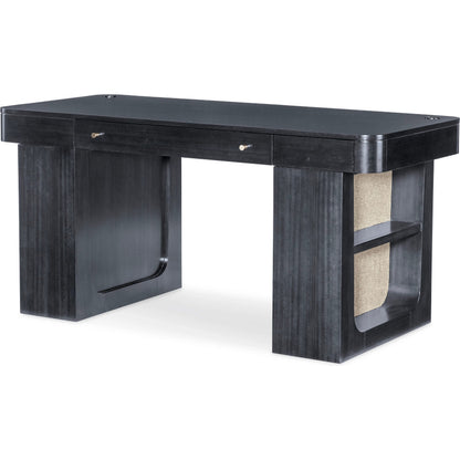 Kenzo Adjustable-Height Desk by Hooker Furniture in black and classic black. wood grain. Made from eucalyptus veneers, raffia in a unique style.