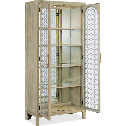 Surfrider Display Cabinet by Hooker Furniture in driftwood. Made from pecan veneers, puck light, metal, tempered glass, rope in a coastal style.