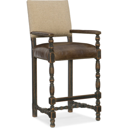 Comfort Bar Stool by Hooker Furniture in brown and anthracite black. Made from fabric, leather in a unique style.