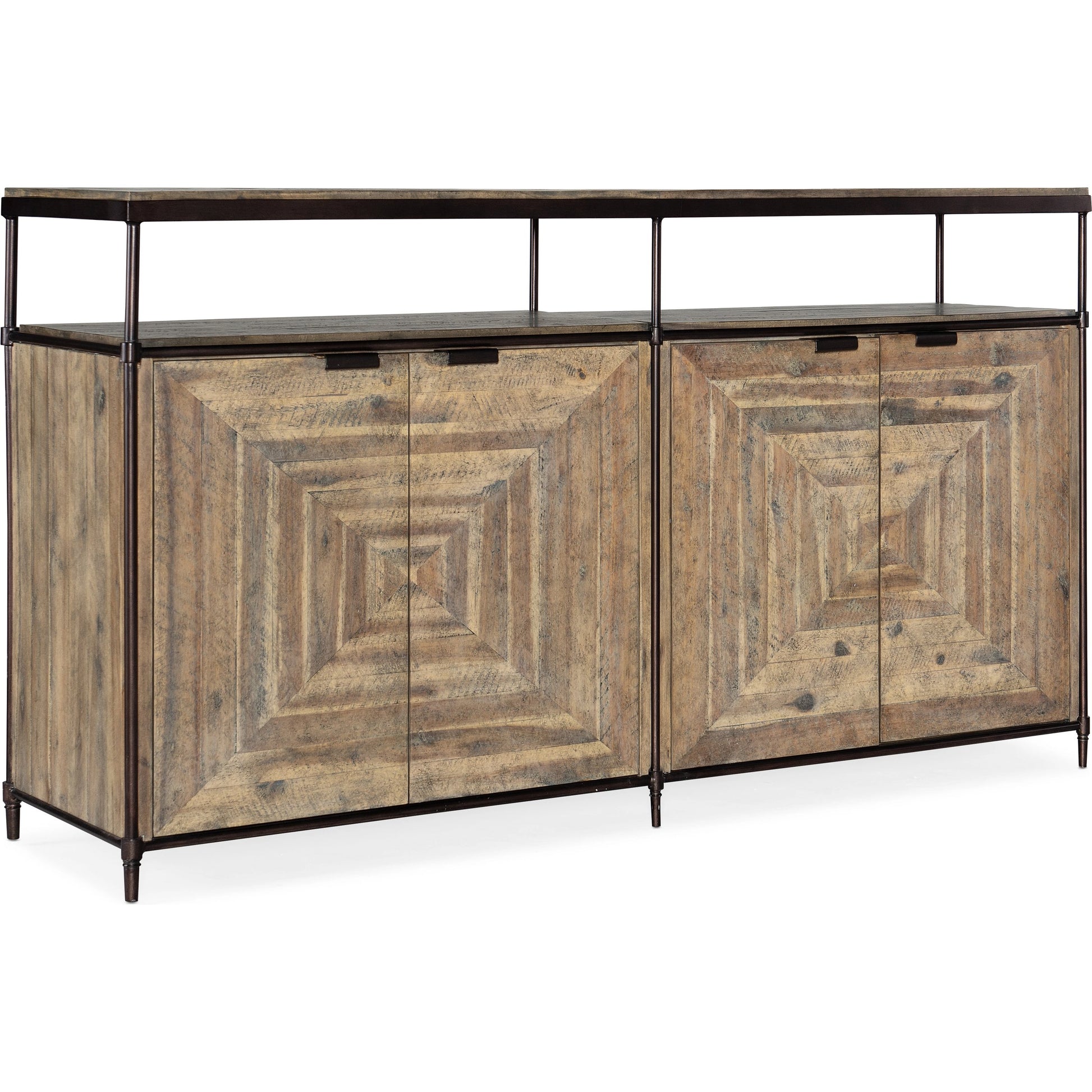 St. Armand Entertainment Console by Hooker Furniture in light natural. Made from acacia solids with round metal tube, metal sheet in a modern style.