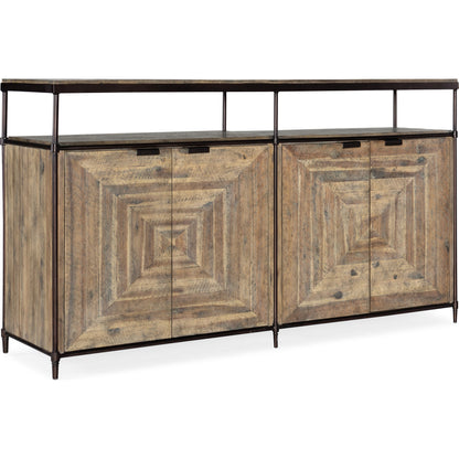 St. Armand Entertainment Console by Hooker Furniture in light natural. Made from acacia solids with round metal tube, metal sheet in a modern style.
