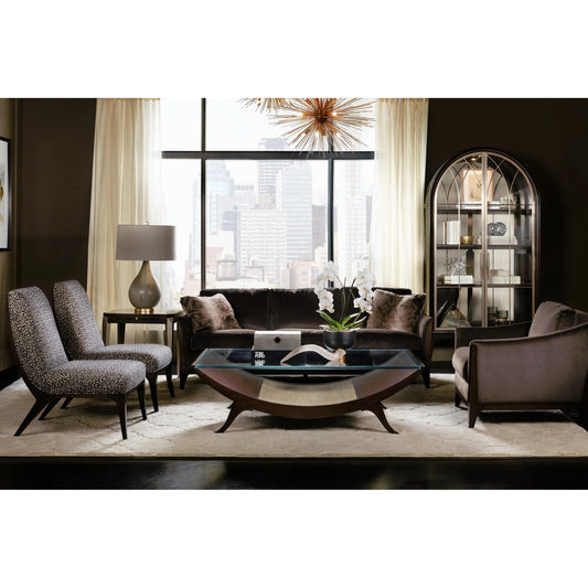 Sophia Sofa by Hooker Furniture in brown and rich cathedral cherry. Made from fabric in a modern style.