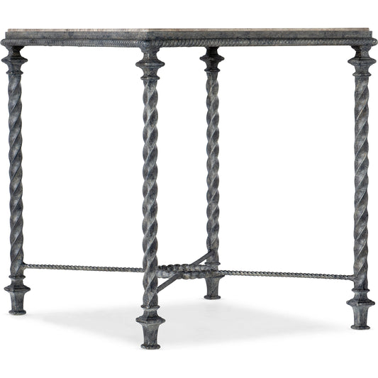 Traditions End Table by Hooker Furniture in verdigris. Made from honed grey travertine stone veneers, metal in a transitional style.