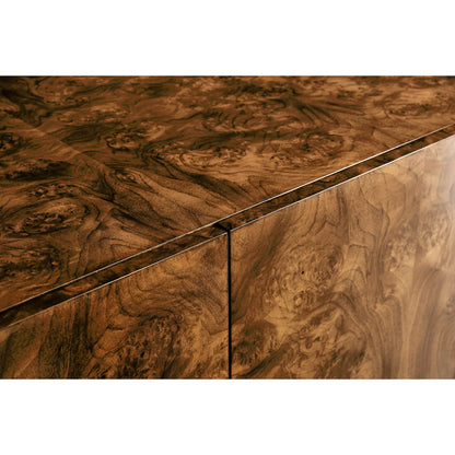 Xo Sideboard by Jonathan Charles in brown and walnut burl, bronze. Made from walnut burl, stainless steel, brass in a modern style.