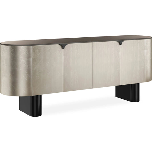 Gustav Media Console by Caracole in charcoal leaf, deep bronze metallic paint. Made from asian hardwood, glass in a unique style.