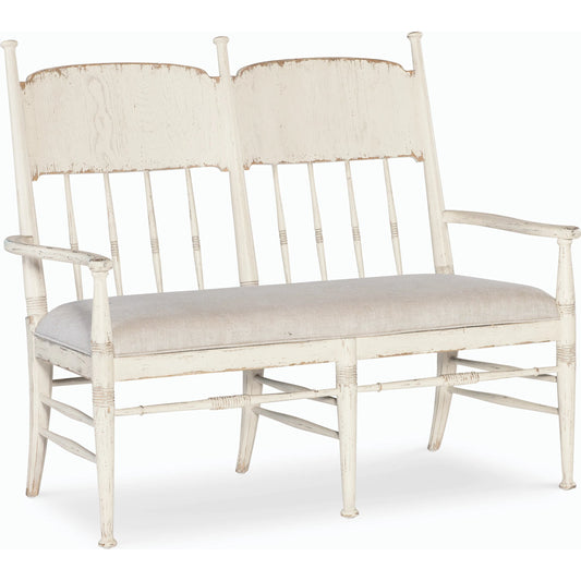 Americana Dining Bench by Hooker Furniture in beige. Made from oak veneers and fabric in a cottage & farmhouse style.