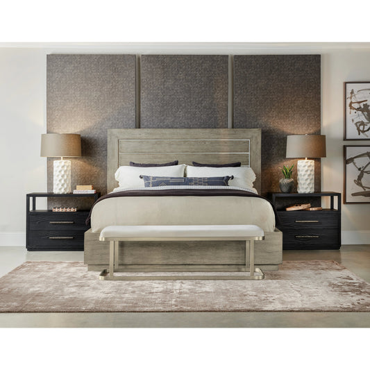 Linville Falls River Branch Upholstered Bench by Hooker Furniture in beige and merino pearl, champagne. Made from metal, fabric in a modern style.