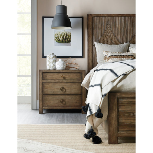 Sundance Three Drawer Nightstand by Hooker Furniture in cliffside. Made from pecan veneers, cedar, felt panel, outlet, self-closing undermount drawer guides, solid-wood edge top in a traditional style.