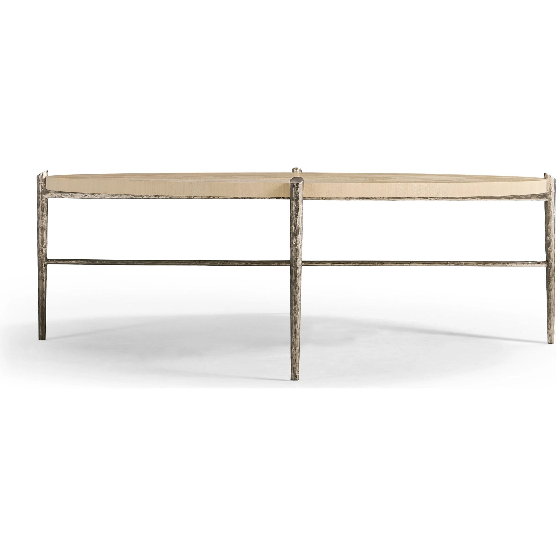 Tidepool Round Cocktail Table by Jonathan Charles in beige and natural dyed koto. Made from koto veneer, stainless steel in a transitional style.