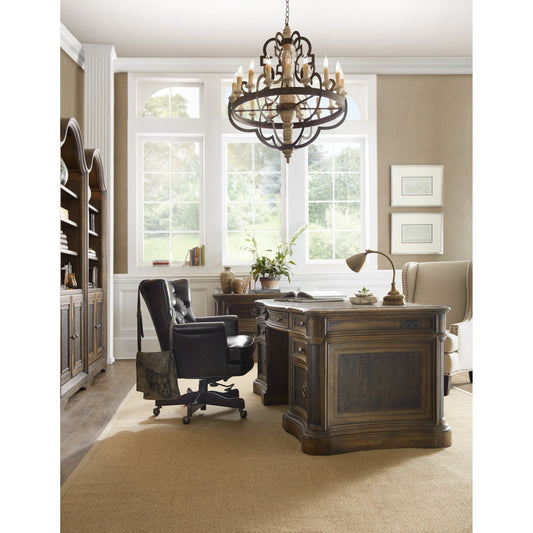 St. Hedwig Executive Desk by Hooker Furniture in saddle brown, anthracite black. Made from white oak, walnut veneers with high quality bonded leather, resin in a traditional style.