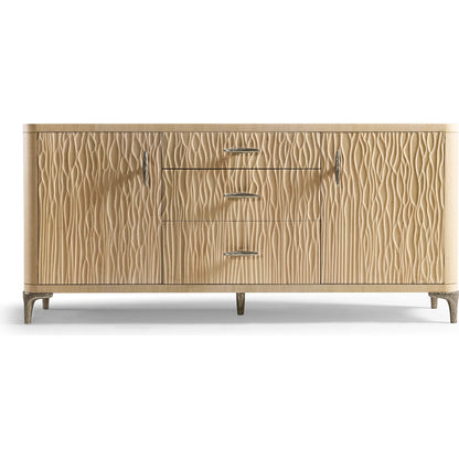 Water Breaker Mixed Media Credenza by Jonathan Charles in beige and ash blonde. Made from dyed koto veneer, bone, leather, metal in a transitional style.