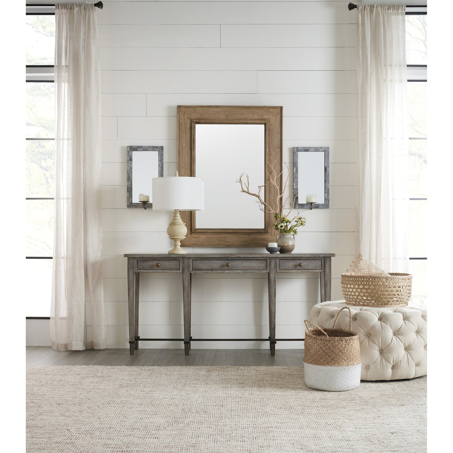 002 SI-1748678 | Lifestyle | Ciao Bella Console by Hooker Furniture in speckled gray. Made from maple veneers, metal, solid-wood edge top in a cottage & farmhouse style.
