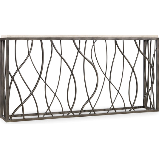 Console Table by Hooker Furniture in cream. Made from tubular, solid steel with travertine marble in a modern style.