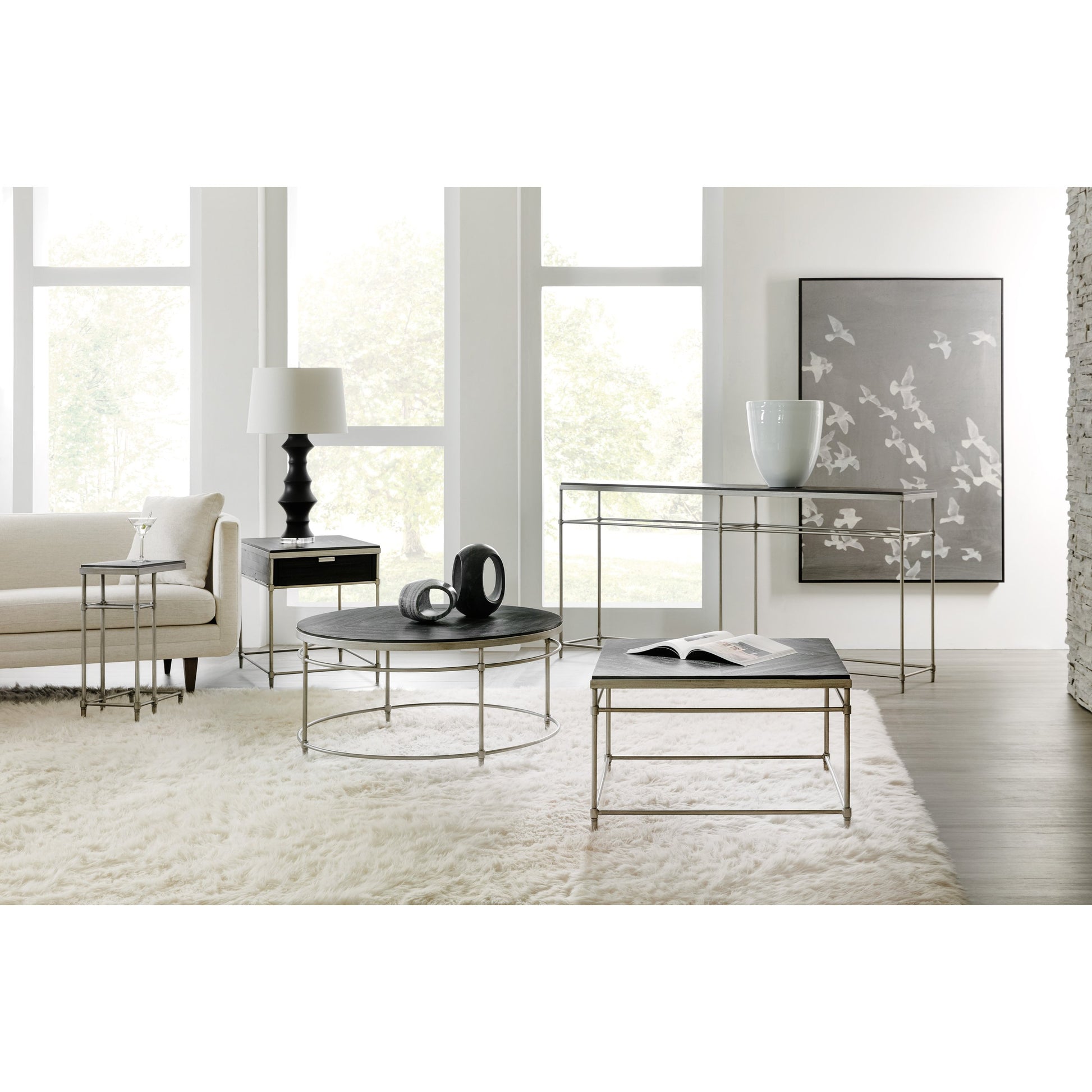 St. Armand End Table by Hooker Furniture. Made from acacia solids with round metal tube, metal sheet in a modern style.