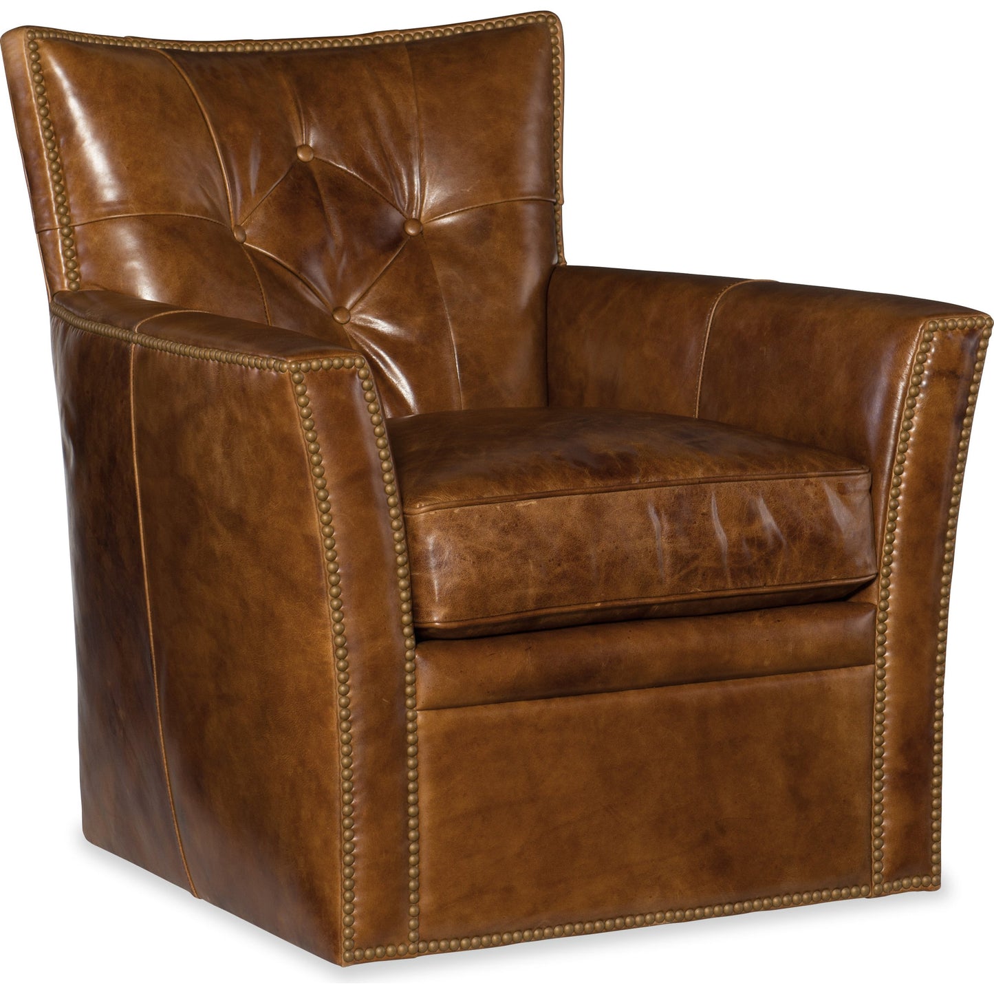 002 SI-1748732 | Primary Silo | Conner Swivel Club Chair by Hooker Furniture in brown and heavy metal gamma. Made from leather in a traditional style.
