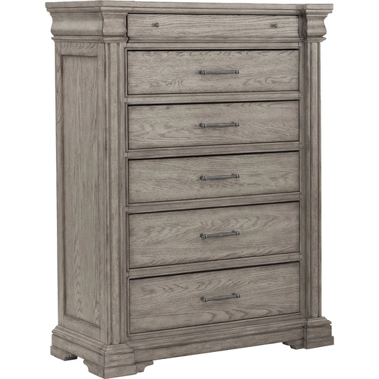 Madison Ridge-Drawer Chest by Pulaski Furniture in bluff grey. Made from asian hardwood, oak veneers in a traditional style.