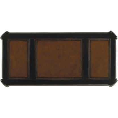 Telluride Writing Desk by Hooker Furniture in black. Made from cherry veneers with leather, nailhead trim, high quality bonded leather in a traditional style.