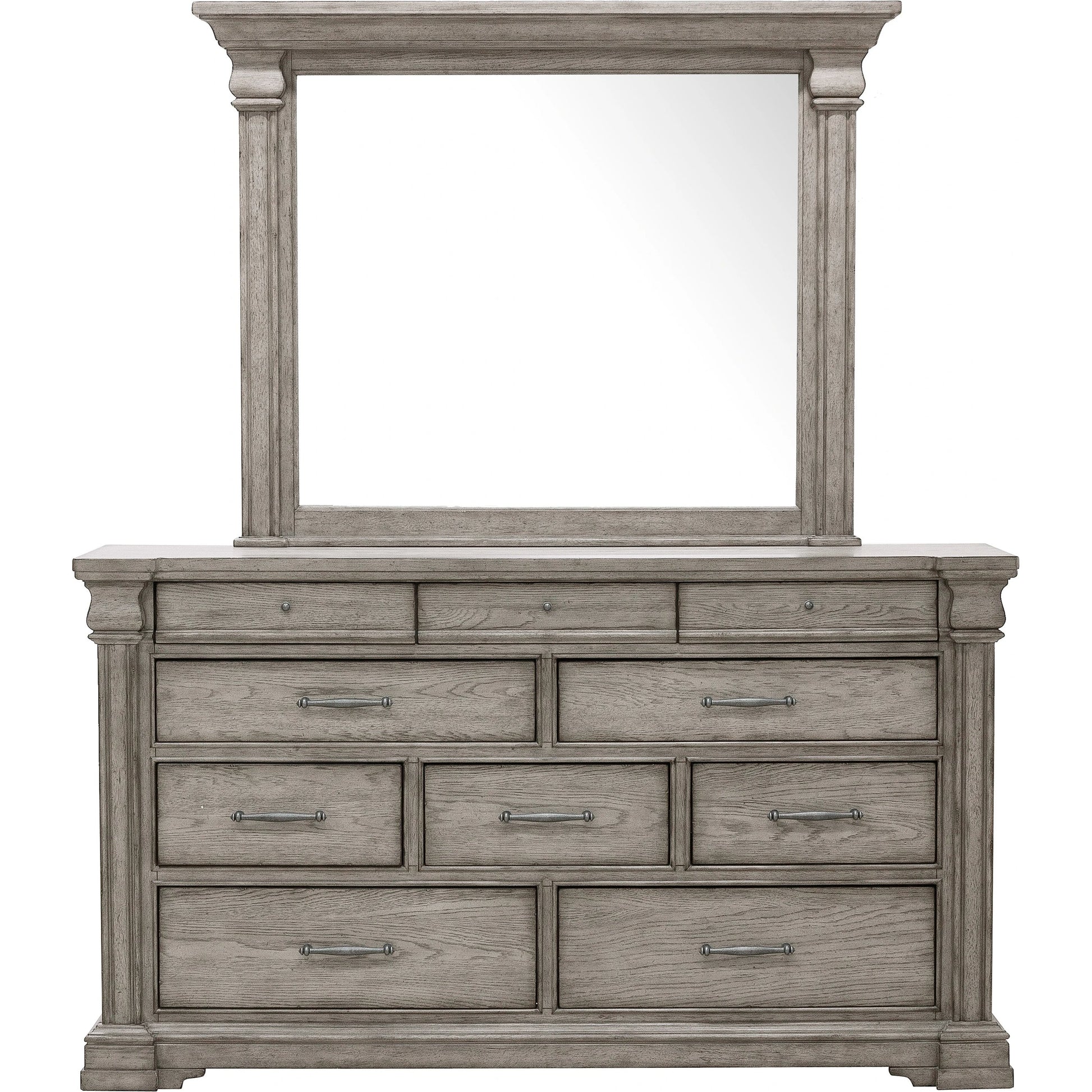 Madison Ridge Dresser/Mirror by Pulaski Furniture in bluff grey. Made from asian hardwood, oak veneers in a traditional style.