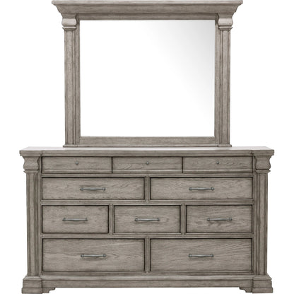 Madison Ridge Dresser/Mirror by Pulaski Furniture in bluff grey. Made from asian hardwood, oak veneers in a traditional style.