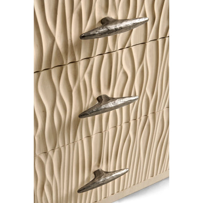 Water Breaker Mixed Media Credenza by Jonathan Charles in beige and ash blonde. Made from dyed koto veneer, bone, leather, metal in a transitional style.