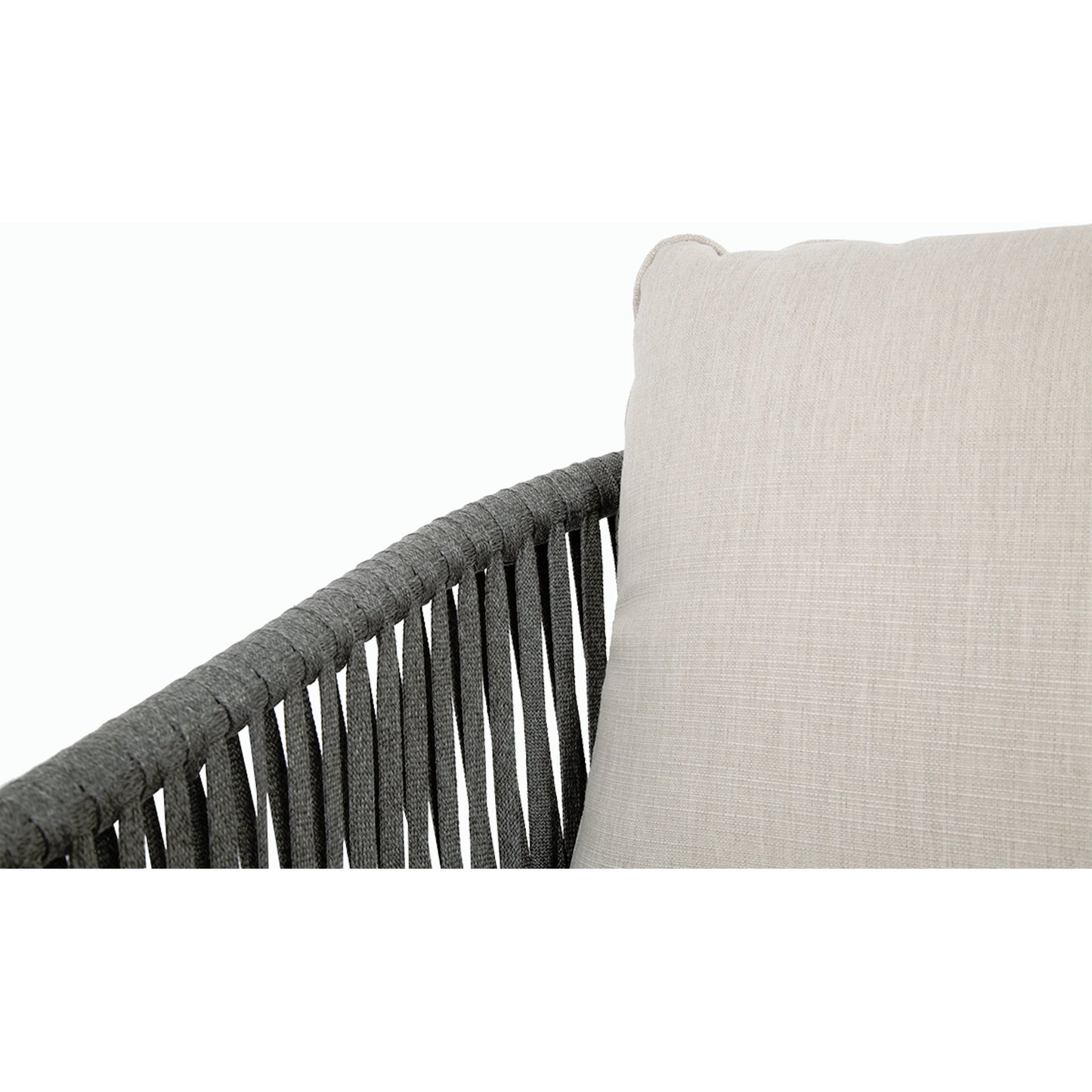 006 SI-2167041 | Closeup | Florence Outdoor Club Chair by Sunset West in graphite. Made from olefin rope in a coastal style.