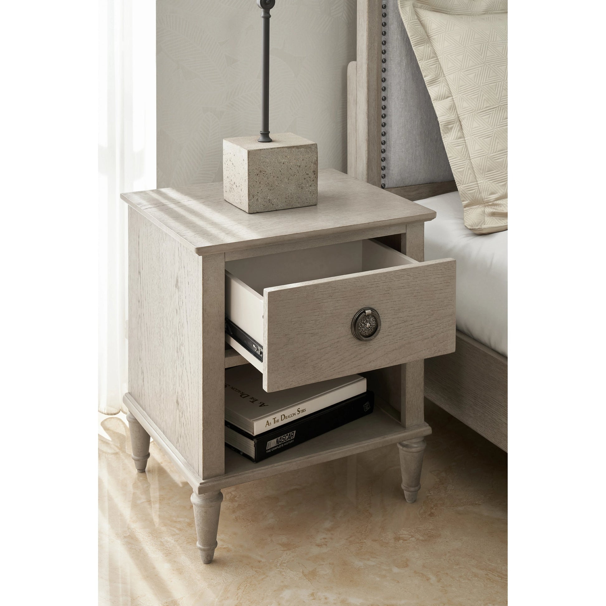 Zest Upholstered Bed with Nailhead Trim by Zest in greige. Made from rubberwood, oak veneer, fabric in a modern style.