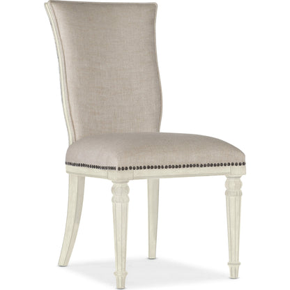 Traditions Upholstered Side Chair (Set of 2) by Hooker Furniture in beige and white. Made from fabric, nailheads in a cottage & farmhouse style.