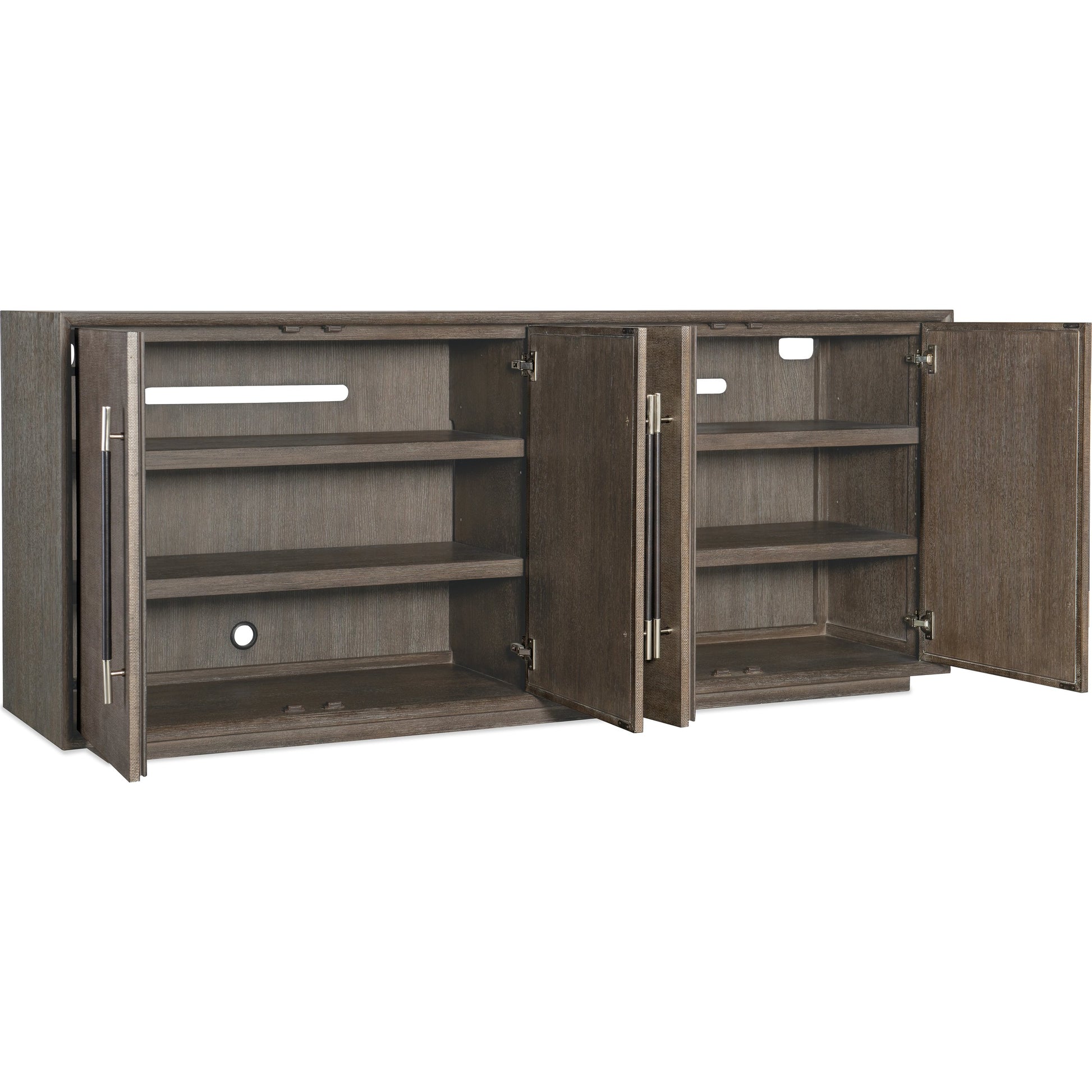 Modern Mood Entertainment Console by Hooker Furniture. Made from oak veneers, raffia in a modern style.