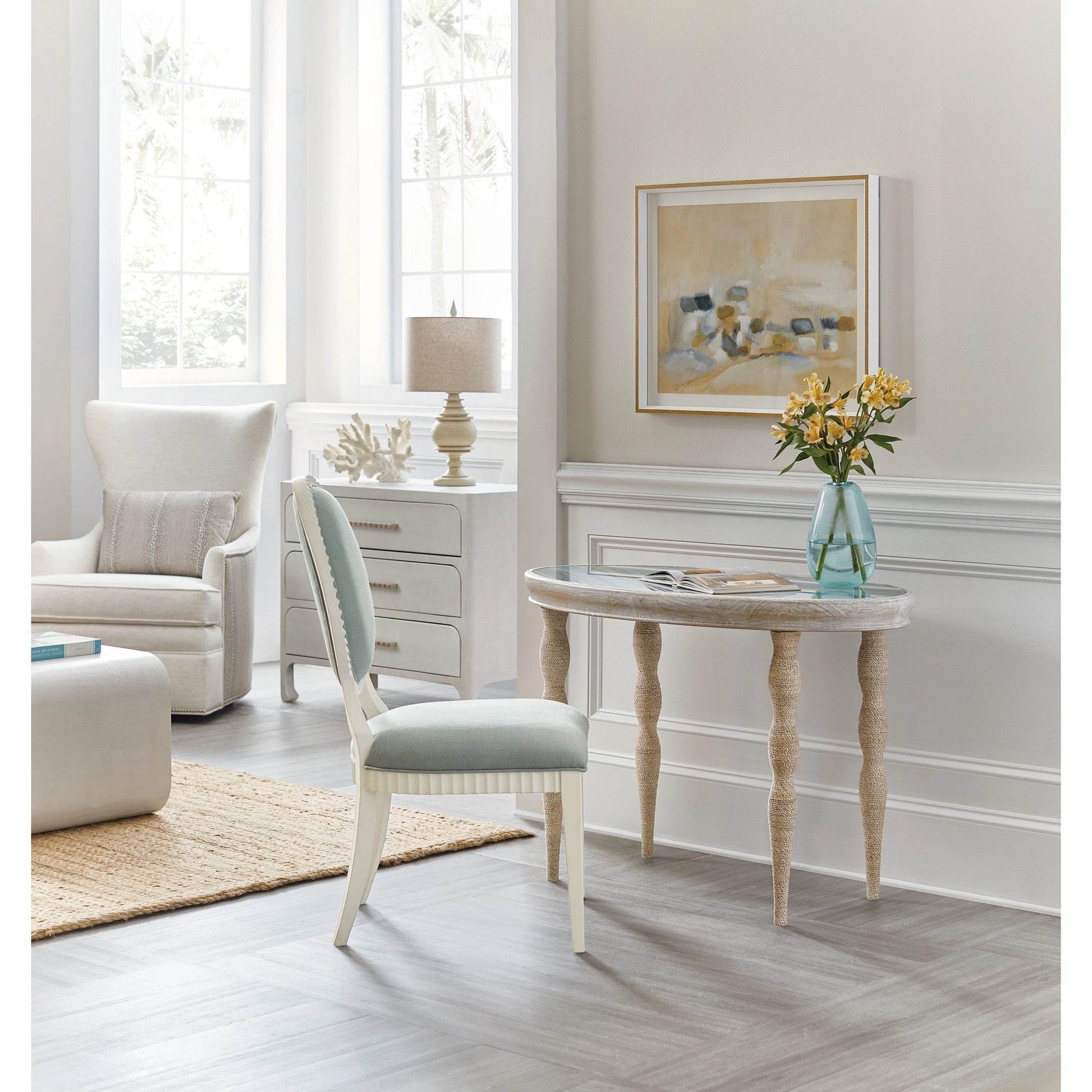 Serenity Shoal Writing Desk by Hooker Furniture in surf. Made from oak veneers, rope, printed glass in a cottage & farmhouse style.