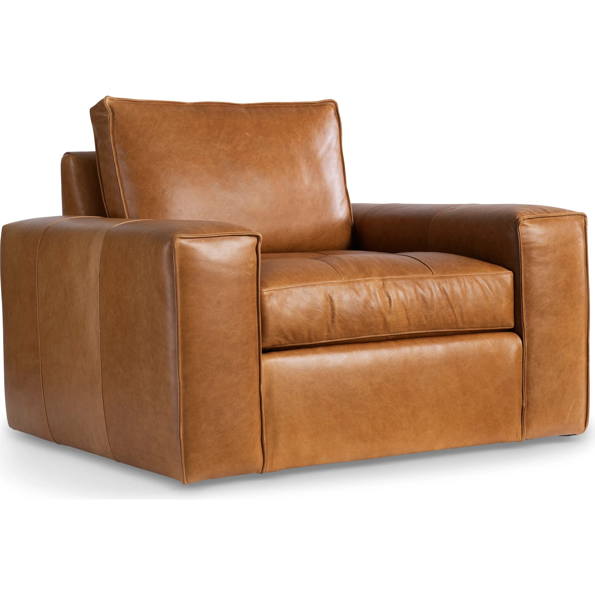 Nest Leather Swivel Chair by Bernhardt in tan. Made from leather, polyfoam core, polyester fibers, waterfowl feathers, waterfowl down in a traditional style.