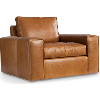 Nest Leather Swivel Chair by Bernhardt in tan. Made from leather, polyfoam core, polyester fibers, waterfowl feathers, waterfowl down in a traditional style.