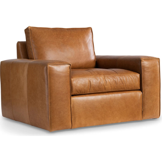 Nest Leather Swivel Chair by Bernhardt in tan. Made from leather, polyfoam core, polyester fibers, waterfowl feathers, waterfowl down in a traditional style.