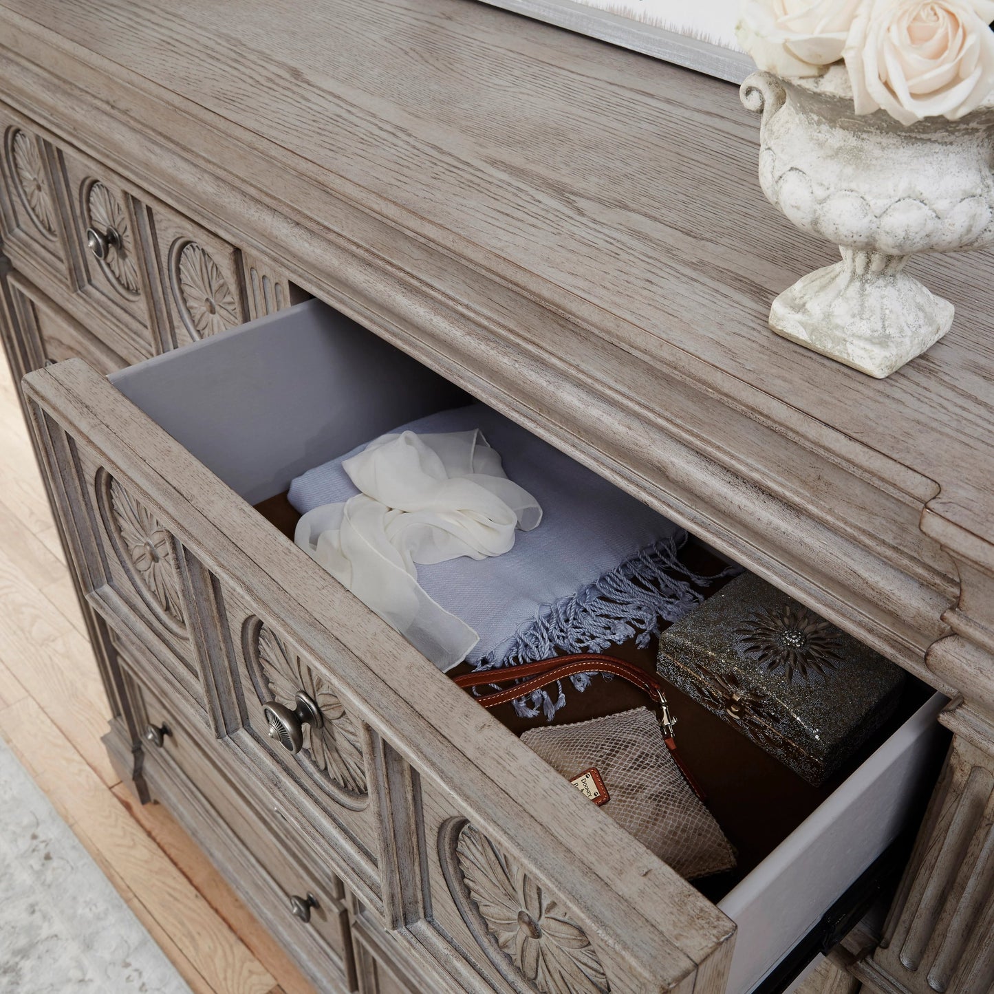 004 SI-2155597 | Closeup | Kingsbury Master Chest by Pulaski Furniture in french grey. Made from oak veneers, hardwood solids in a traditional style.