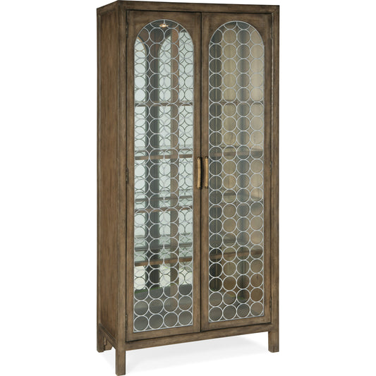 Sundance Display Cabinet by Hooker Furniture in cliffside. Made from pecan veneers, puck light, metal, tempered glass, rope in a traditional style.