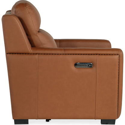 McKinley Power Recliner by Hooker Furniture in candid spice and dark wood. Made from leather in a traditional style.