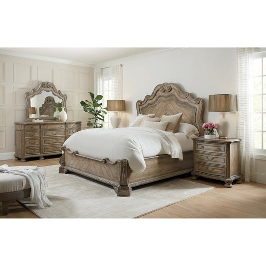 Castella Bed by Hooker Furniture in antique slate. Made from pecan, quartered walnut, quartered black walnut, maple, ash veneers in a traditional style.