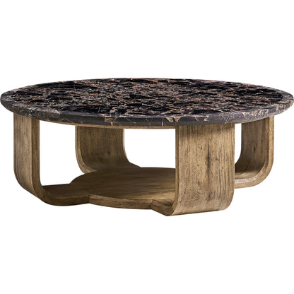 Stone Ridge Round Marble Cocktail Table by Jonathan Charles in tully light acacia. Made from acacia veneer in a modern style.