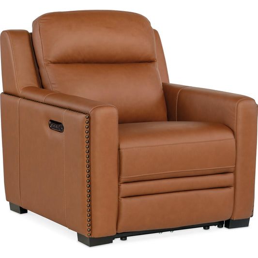McKinley Power Recliner by Hooker Furniture in candid spice and dark wood. Made from leather in a unique style.