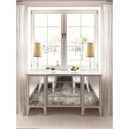 Mezzanine Buffet by A.R.T. Furniture in dove gray. Made from parawood, poplar solids, maple veneer, mirror, travertine in a modern style.