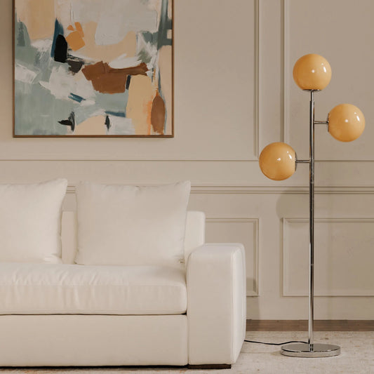 Ida Floor Lamp by Moe's Home Collection in amber, silver. Made from glass shade, metal base in a unique style.