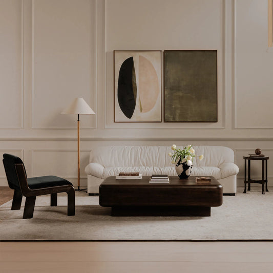 Oswin Floor Lamp by Moe's Home Collection in natural. Made from oak, iron base, linen shade in a unique style.