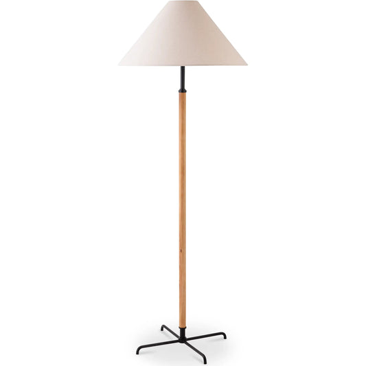 Oswin Floor Lamp by Moe's Home Collection in natural. Made from oak, iron base, linen shade in a unique style.