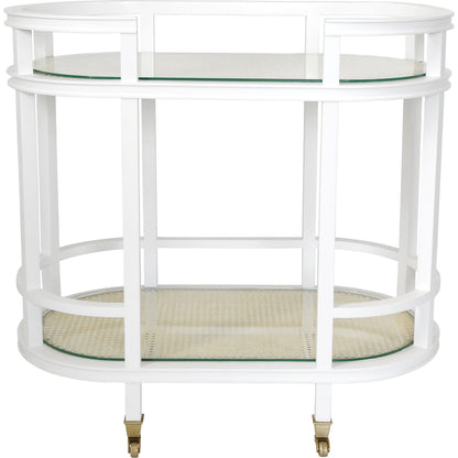 Zaina Bar Cart by Worlds Away in cerused oak. Made from oak solids, caning, metal, glass in a coastal style.