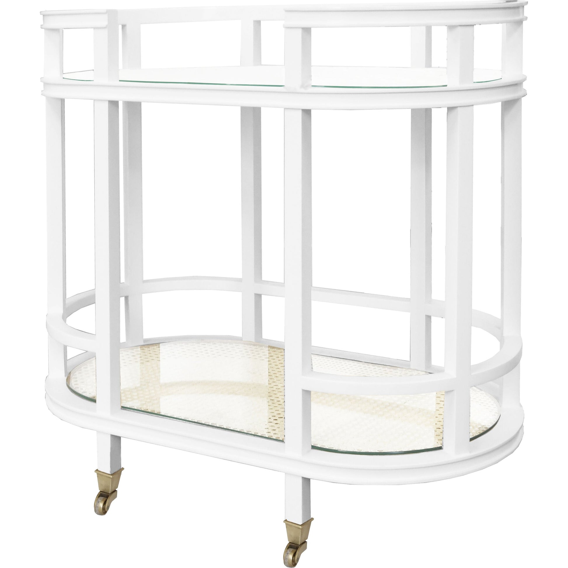 Zaina Bar Cart by Worlds Away in cerused oak. Made from oak solids, caning, metal, glass in a coastal style.